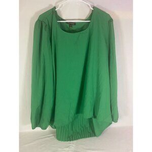 Lexington Avenue Hi-Low Green Long Sleeve Pleated Button Round Neck 3X Blouse